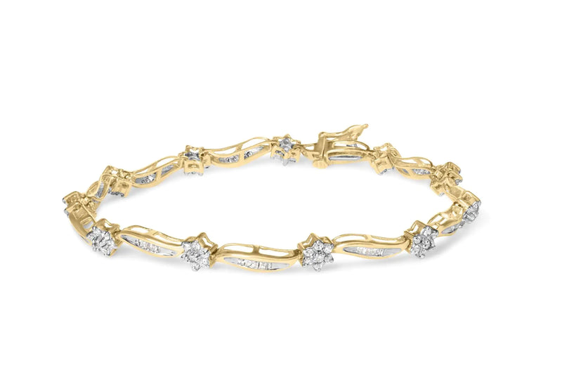 10K Yellow Gold 2.00 Cttw Round-Cut and Baguette-Cut Floral Design Swirl Link 7.5" Bracelet (H-I Color, I2-I3 Clarity)