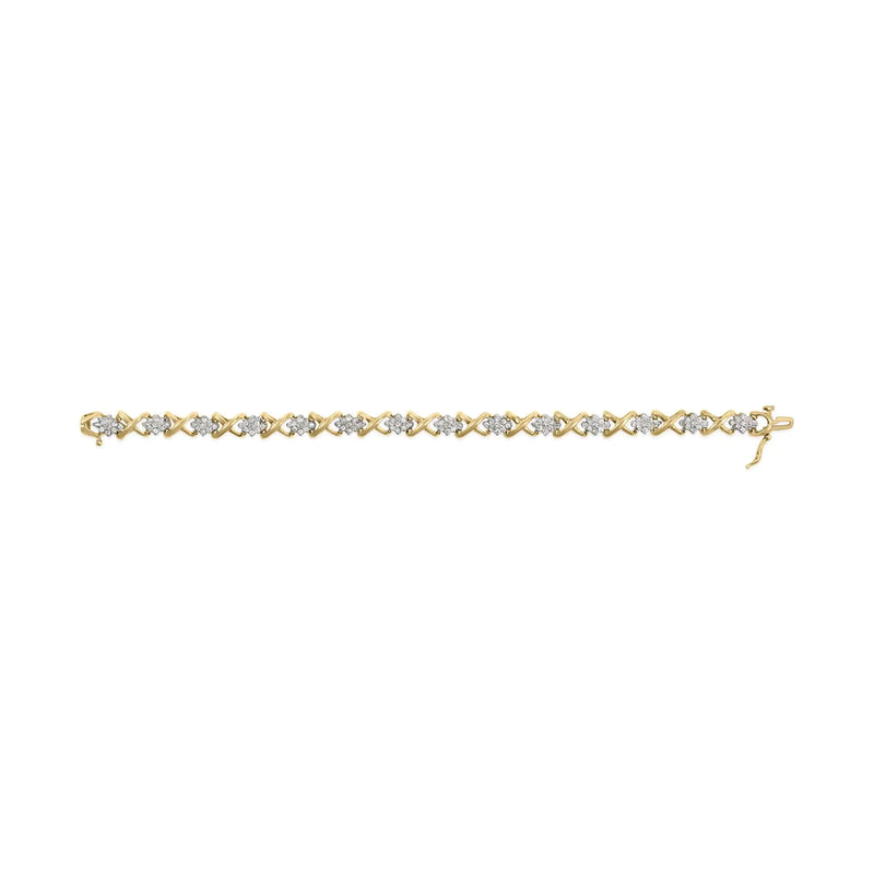 10k Yellow Gold 2.00 Cttw Diamond Cluster and Alternating "X" Link Bracelet (I-J Color, I3 Clarity) - 7"