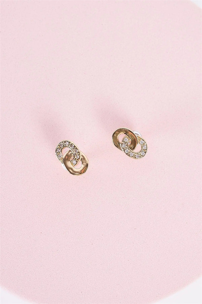 Gold & Rhinestone Incrusted Linked Hoop Stud Earrings