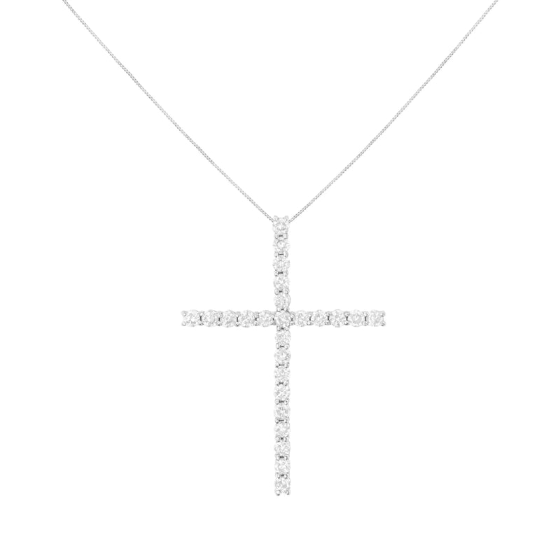 .925 Sterling Silver 3.0 Cttw Round Shape Diamond 1-1/2" Cross Pendant with Box Chain Necklace (J-K Color, I2-I3 Clarity) - 18"