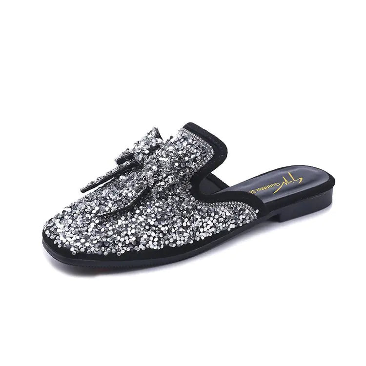 Korean Fashion Half-Length Slippers with Sequined Bow