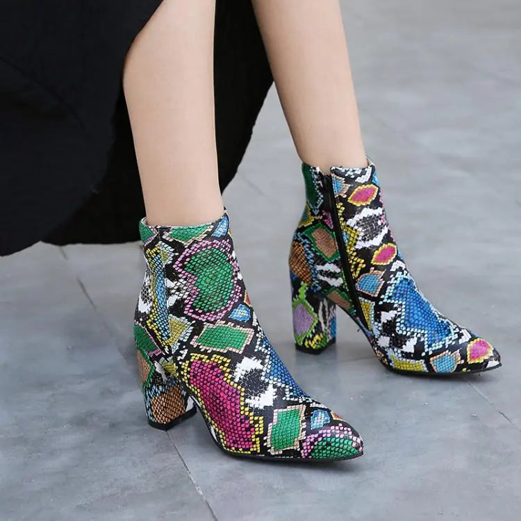 Snake Print Thick Heel Ankle Martin Boots