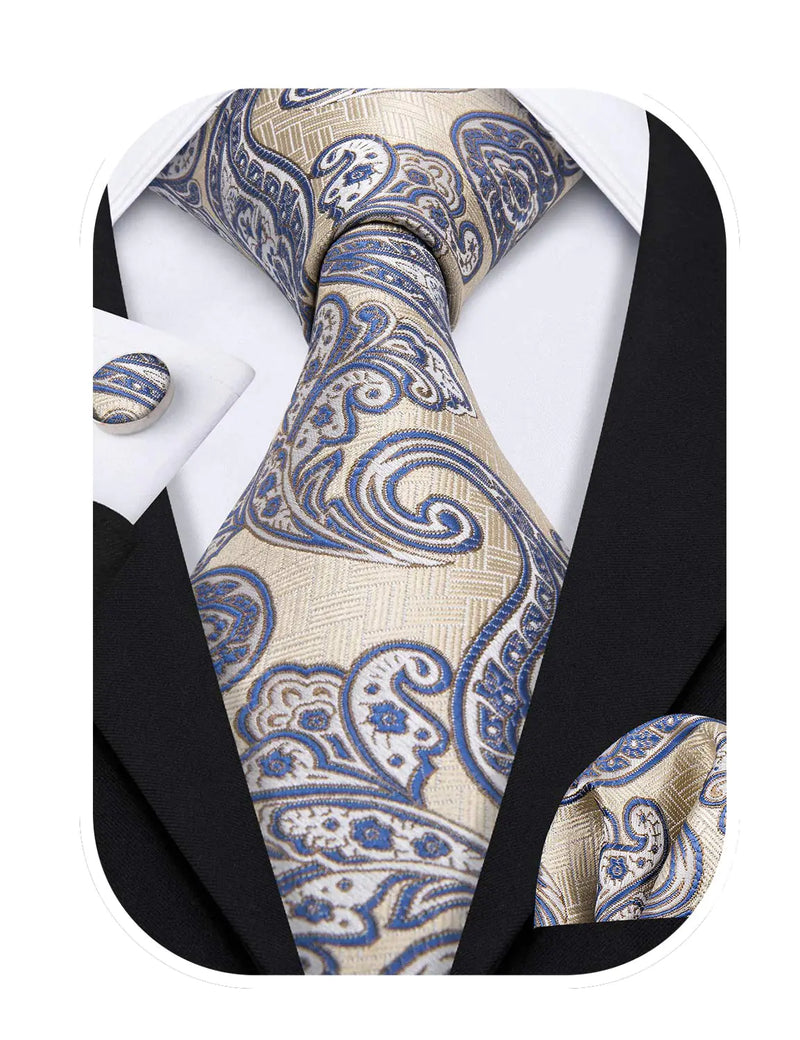 Barry.Wang Yellow Ties Paisley Handkerchief Cufflinks Tie Set Woven Silk