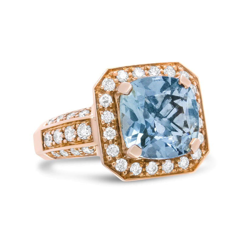 18K Rose Gold 10x10mm Cushion Shaped Aquamarine and 1 1/8 Cttw Round Diamond Halo Ring (F-G Color, VS1-VS2 Clarity)