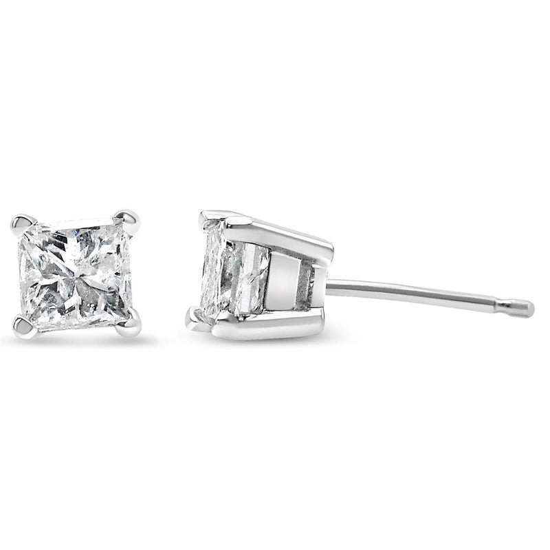 AGS Certified Princess-Cut Square Colorless Diamond 4-Prong Solitaire Stud Earrings in 14K Gold (K-L Color, SI2-I1 Clarity)