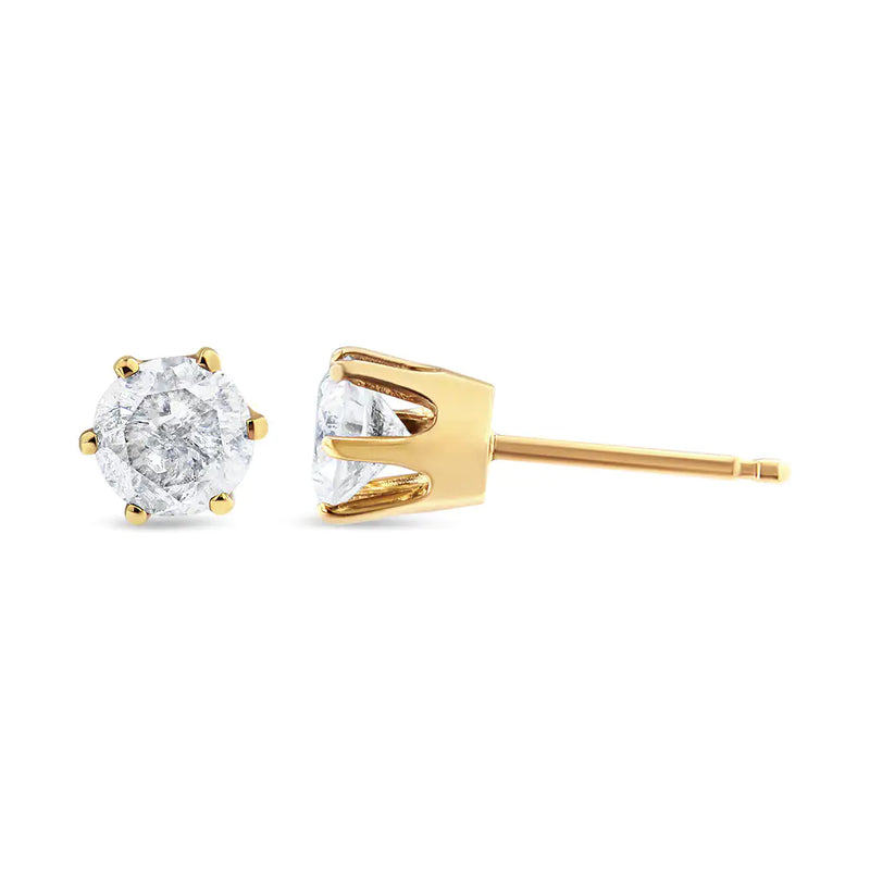 14K Yellow Gold Diamond Solitaire 6 Prong Stud Earrings (3/4 cttw, I-J Color, I2-I3 Clarity)