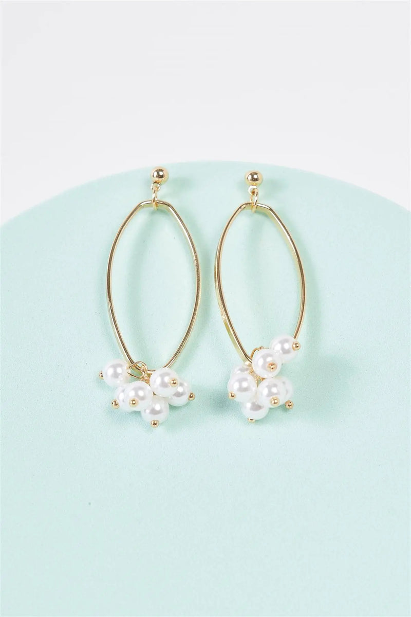 Gold Bunchberry Pearl Dangle Elliptic Hoop Earrings