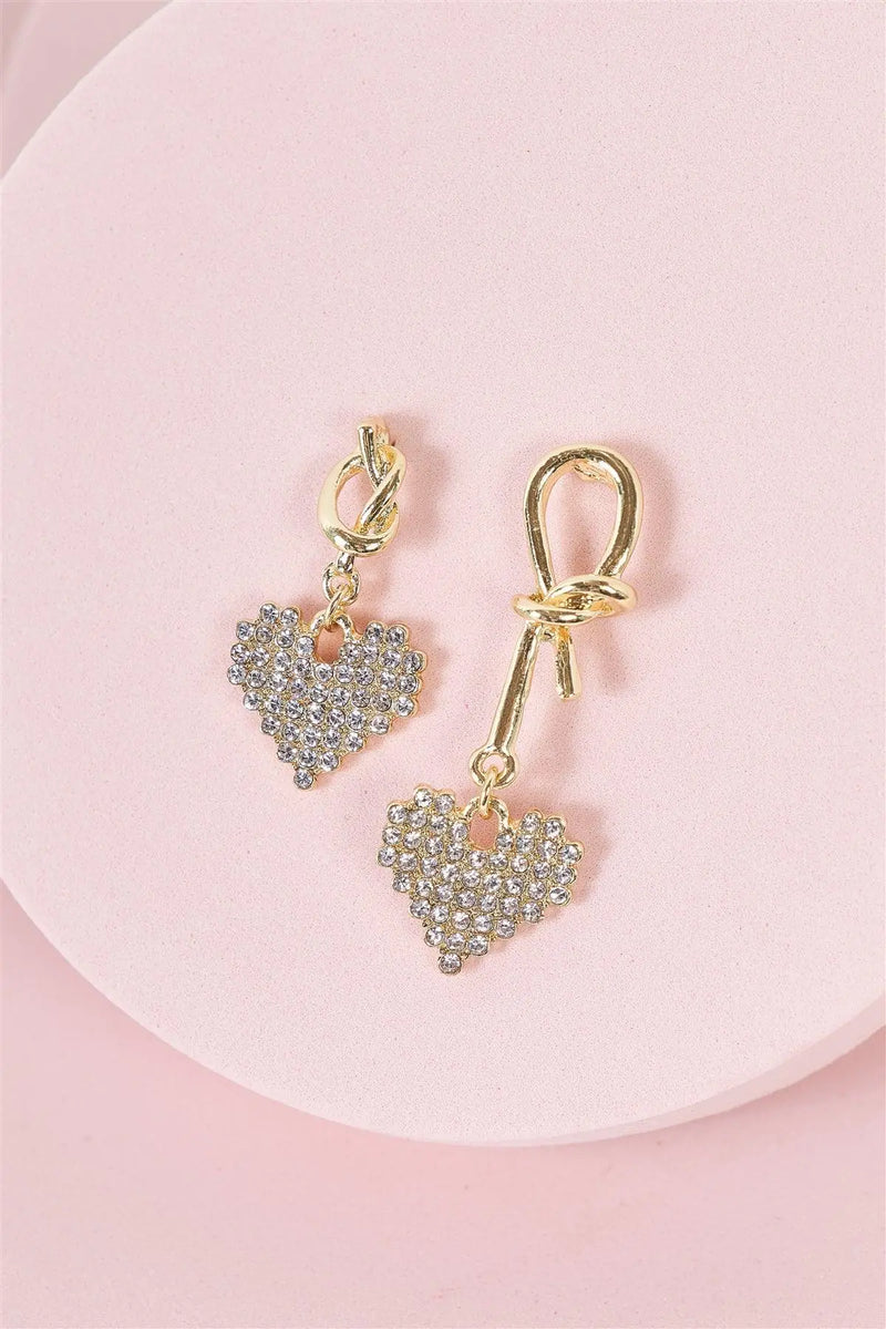 Asymmetrical Gold Rhinestone Heart Dangle Earrings