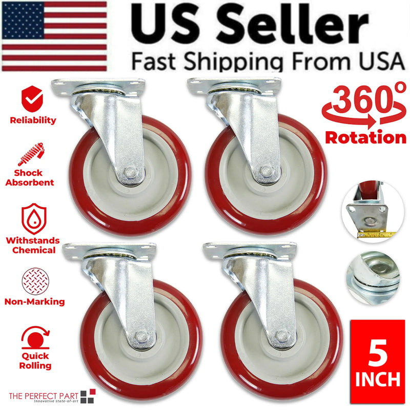 4 Pack 5 Inch Caster Wheels Swivel Plate Polyurethane Wheels Heavy Duty Wheels