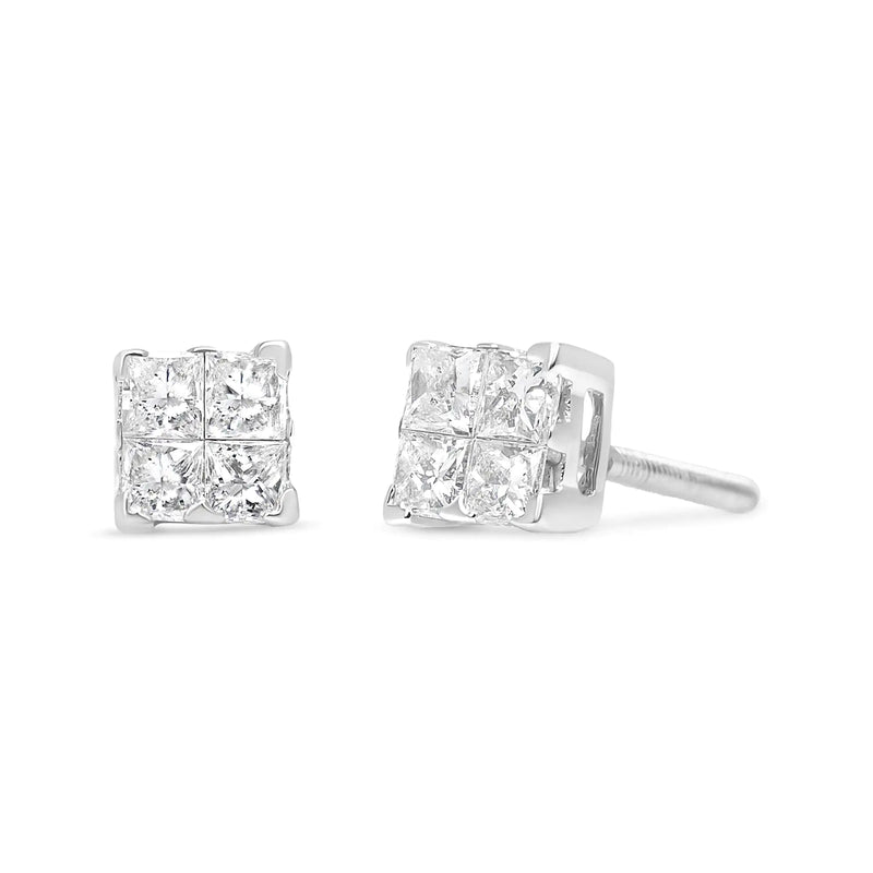 10K White Gold 1/2 cttw Princess-cut Diamond 4 Stone Composite Quad Stud Earring (H-I Color, I1-I2 Clarity)