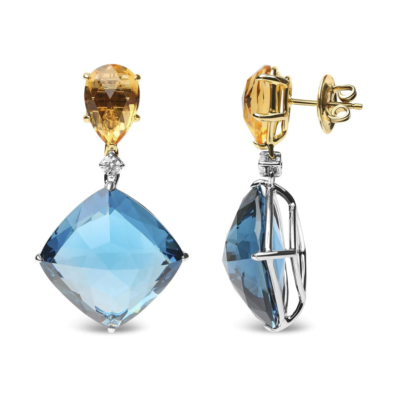 18K White and Yellow Gold 1/6 Cttw Diamond with Pear Cut Yellow Citrine and 20mm Cushion Cut Blue Topaz Gemstone Dangle Earrings (G-H Color, SI1-SI2 Clarity)