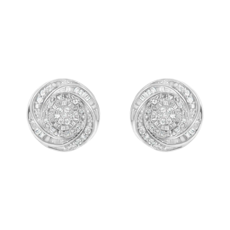 .925 Sterling Silver 1/4 Cttw Baguette and Round Diamond Swirl Love Knot Stud Earrings (I-J Color, I3 Clarity)