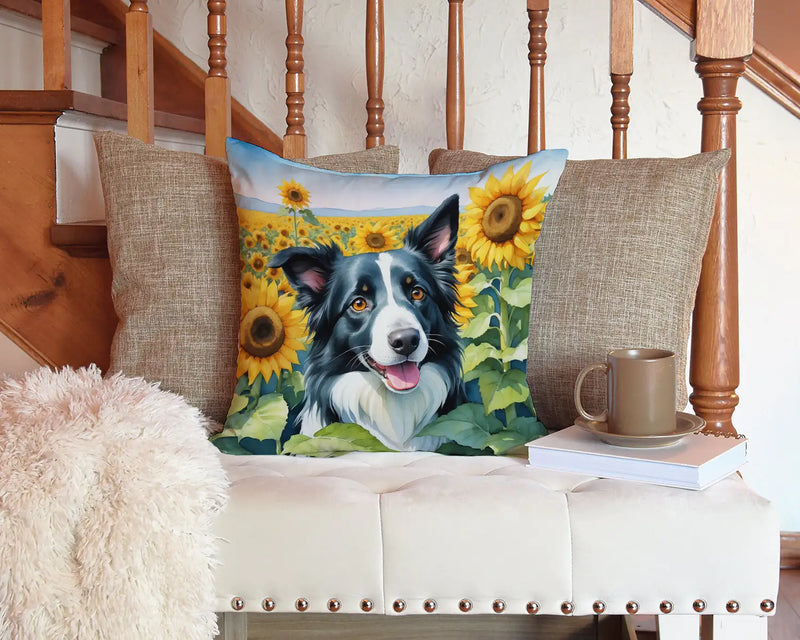 Border Collie in Sunflowers Throw Pillow