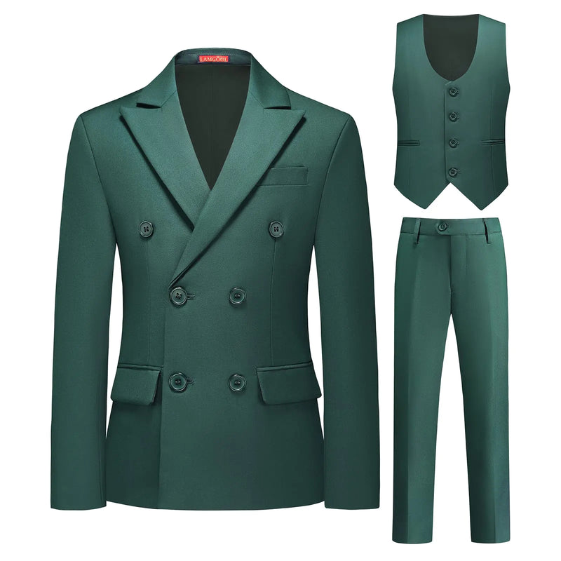 Lamgool Boys Suit 3 Piece Slim Fit Tuxedo Double Breasted Kids Formal Outfit Set Size 12 with Green Blazer Vest Pant for Wedding Prom