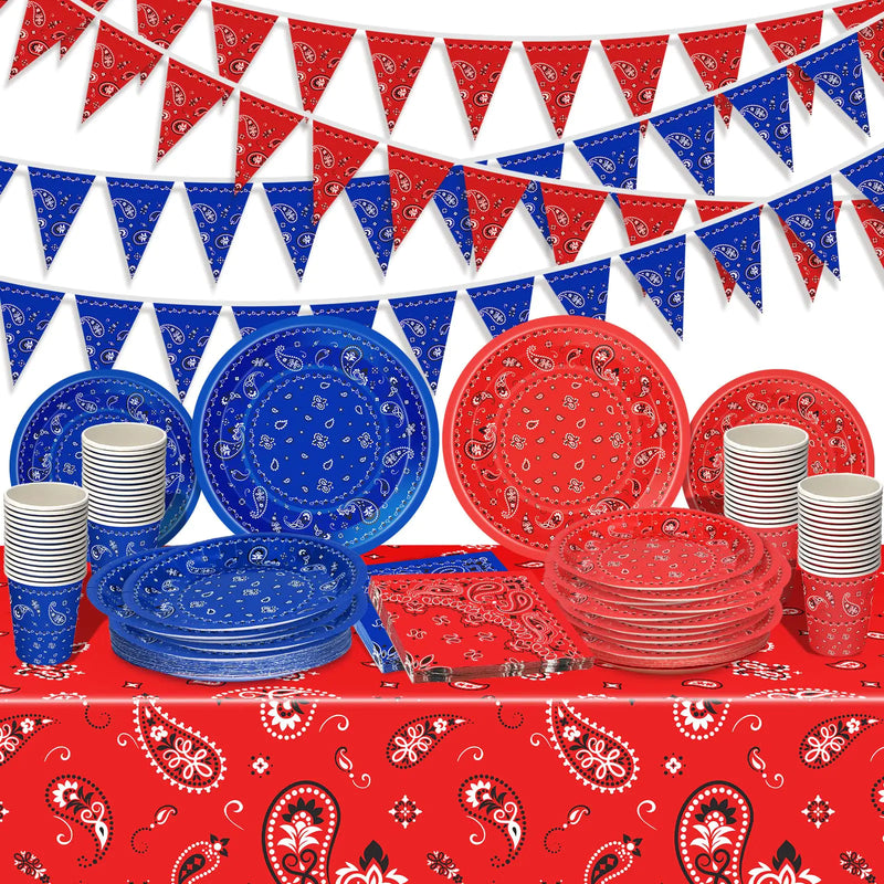 123 Pcs Western Cowboy Party Decoration Include 1 Plastic Paisley Print Tablecloth 2 Bandana Pennant Banner 60 Disposable Paper Plates 30 Cups and 30 Napkins for Western Cowboy Theme Party (Red Blue)