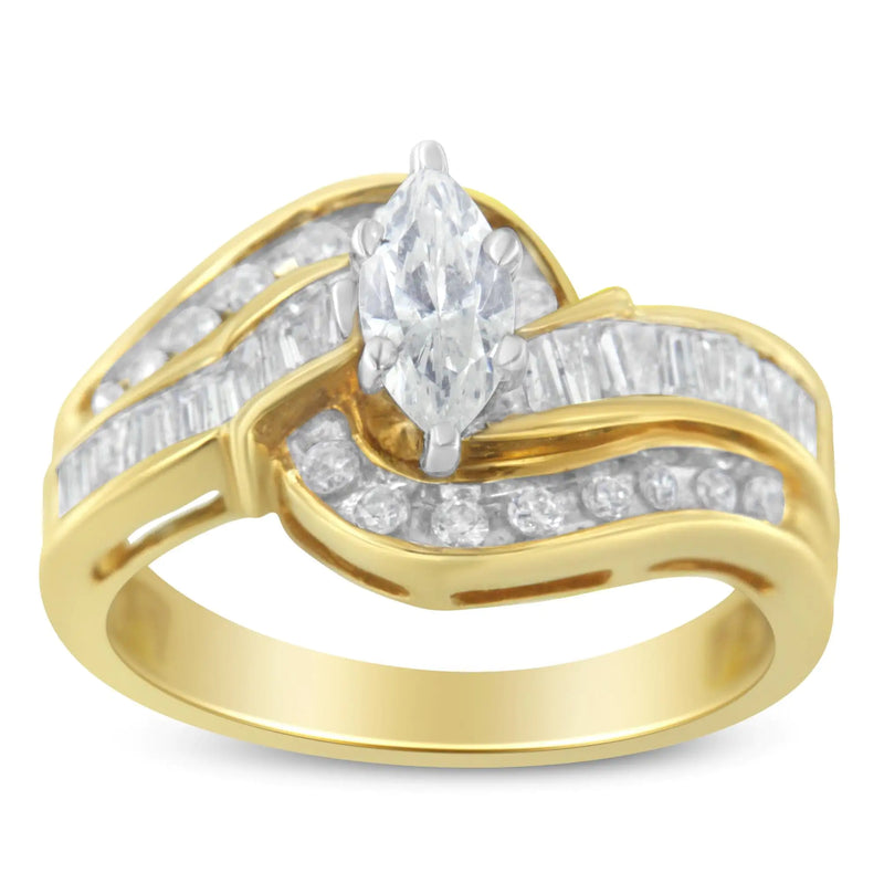 14KT Two-Toned Gold Marquise, Baguette and Round Cut Diamond Bypass Ring (1 cttw, H-I Color, SI1-SI2 Clarity) ()