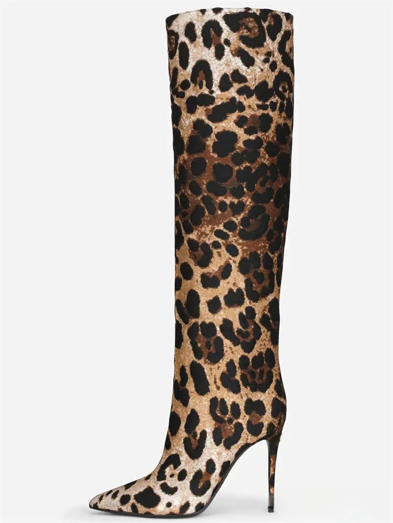 Leopard Print Pointed Stiletto Heel Boots for Women