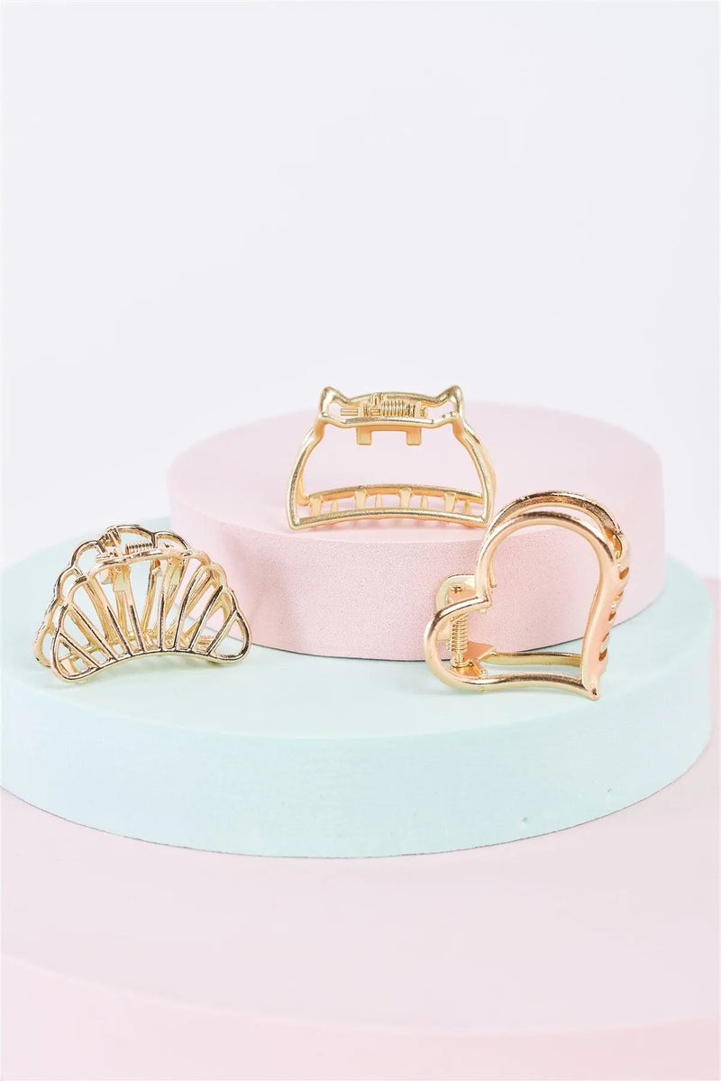 3pcs Gold Small Heart Shaped Cut-Out Hair Clip