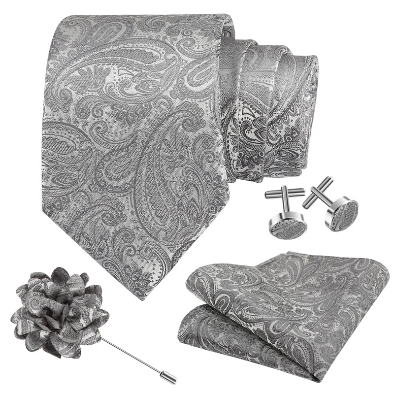 TASTION Mens Grey Paisley Ties for Men Classic Wedding Necktie and Lapel Pin Woven Handkerchief Cufflinks Set (Grey)