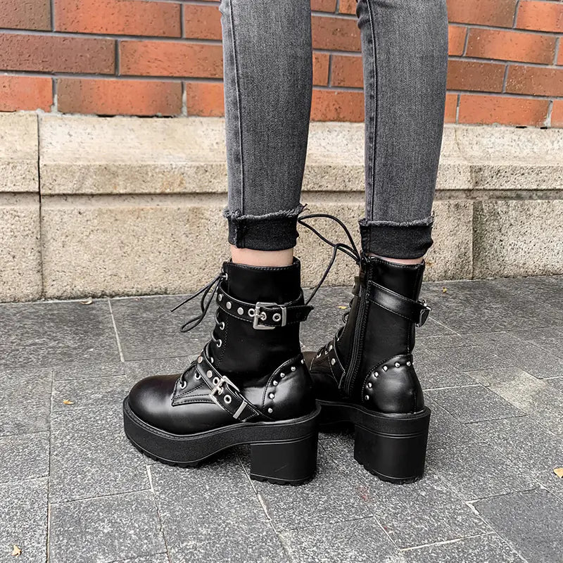 Rivet Belt Buckle Lace-Up Chunky Heel Waterproof Boots