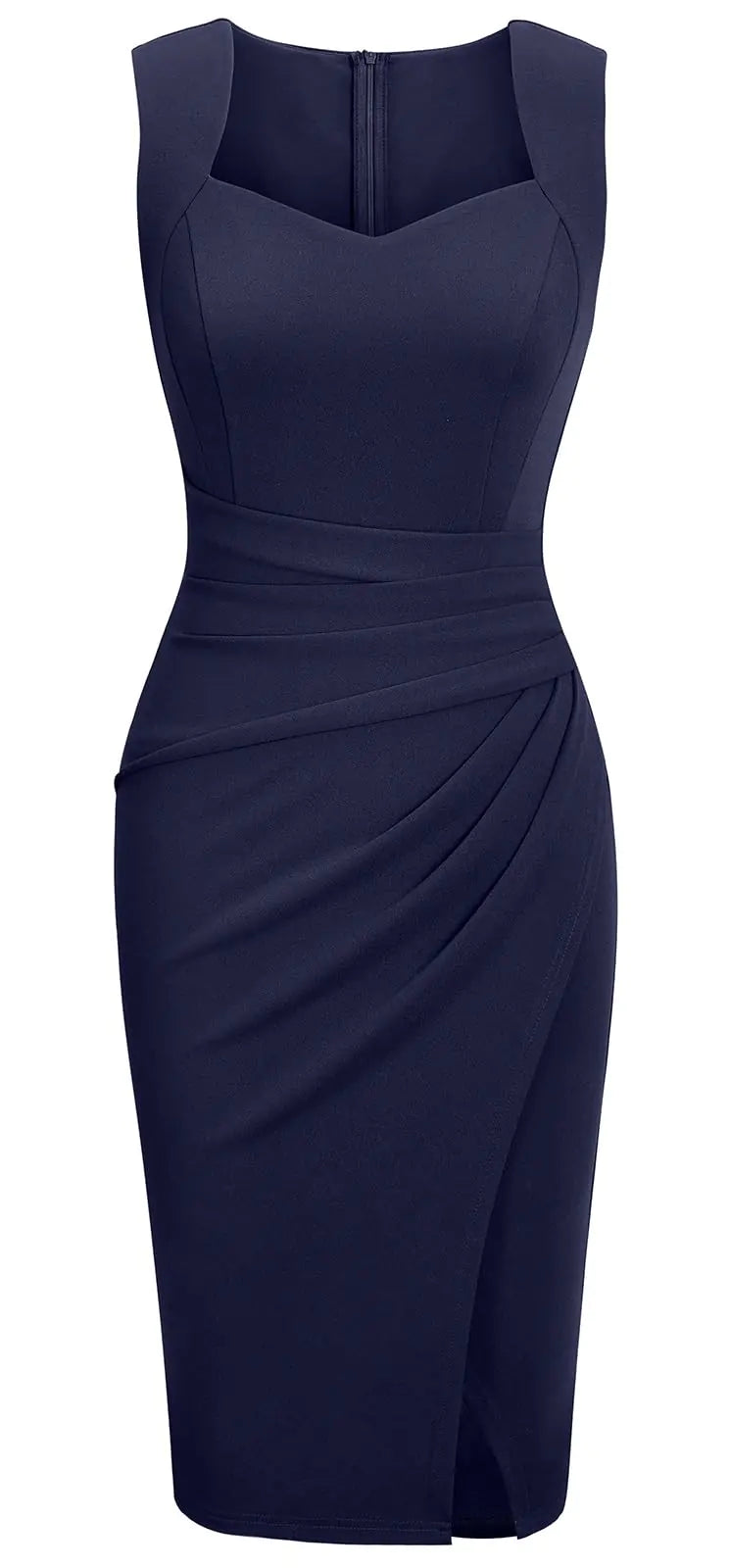 IHOT Retro Dress for Women Sweetheart V Neck Sleeveless Ruched Bodycon Slit Wrap Semi Formal Midi Business Casual Wedding Guest Cocktail Dresses for Evening Party Navy Small