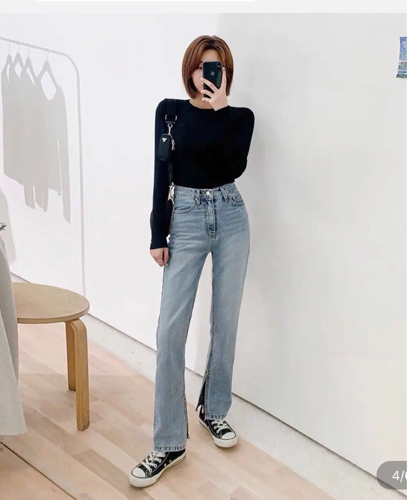 Ladies High Rise Straight Leg Jeans with Side Slit