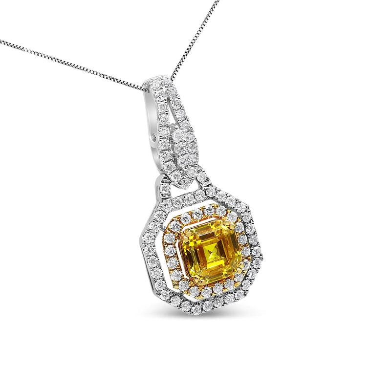 18K White and Yellow Gold 2 3/5 Cttw Lab Grown Yellow Asscher Diamond Double Framed Halo 18" Pendant Necklace (Yellow/G-H Color, VS1-VS2 Clarity)