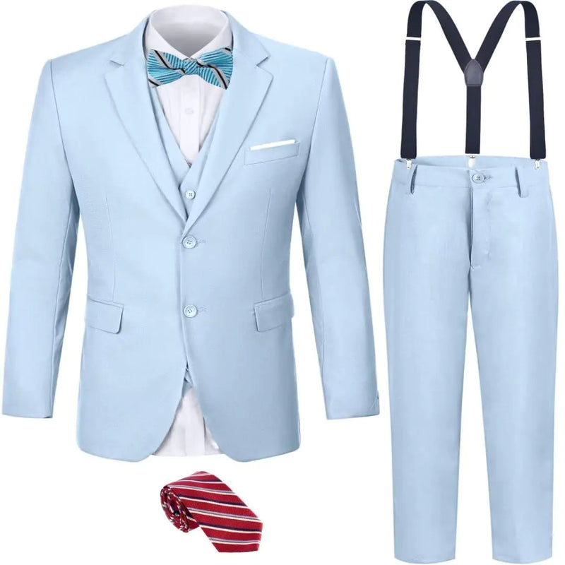 Kids Tuxedo Suit Boys Suits Formal Suspenders Outfit Light Blue Blazer Vest Pants Set Size 4t