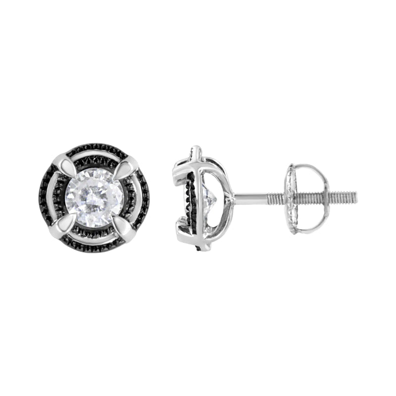 Black Rhodium Plated .925 Sterling Silver Round Diamond Double Halo 4-Prong Solitaire Milgrain Stud Earrings