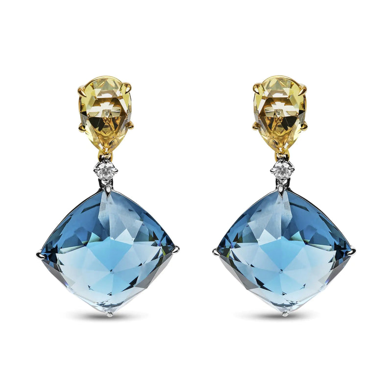 18K White and Yellow Gold 1/5 Cttw Diamond with Pear Cut Lemon Quartz, and Cushion Cut London Blue Topaz Gemstone Dangle Earring (G-H Color, SI1-SI2 Clarity)