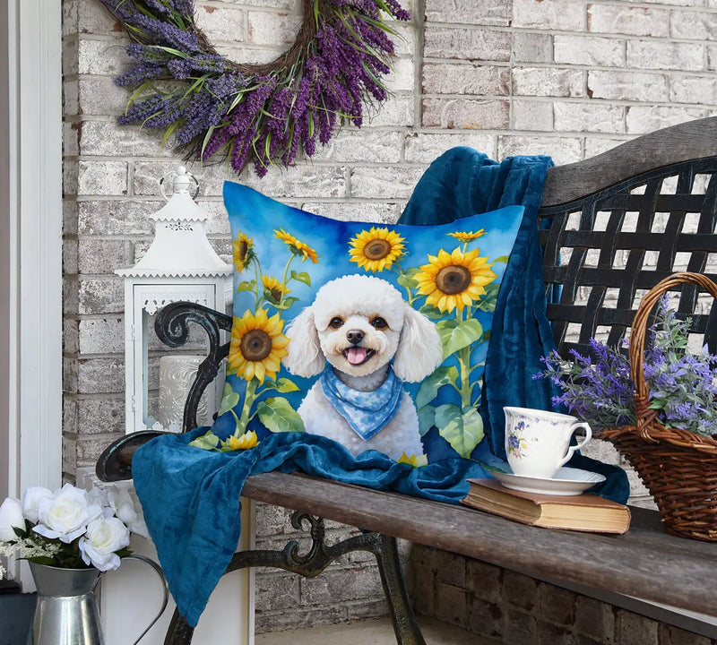 White Poodle in Sunflowers Throw Pillow