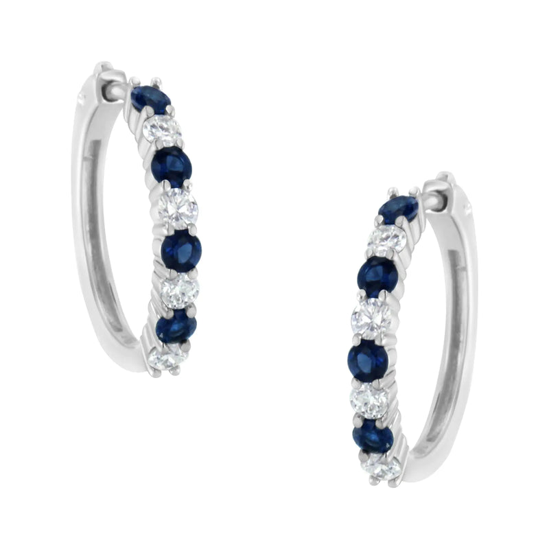 10K White Gold 2.5MM Sapphire Gemstone and 1/2 Cttw Diamond Hoop Earrings (H-I Color, I1-I2 Clarity)