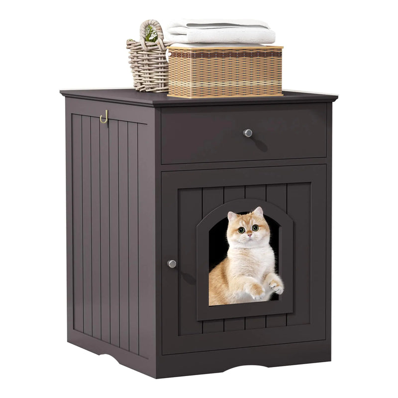 Litter Box Enclosure Hidden Cat Litter Box Cabinet with Drawer Wooden Pet Crate Litter Box Furniture as Cat House End Table Fit Most of Litter Box (Brown)