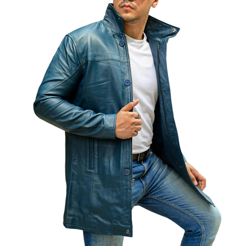 Jild Leather Car Coats for Men - 3/4 Length Trench Coat Style for Men’s Fashion Real Lambskin Leather Jacket Men (Bris-Blue-XXL)