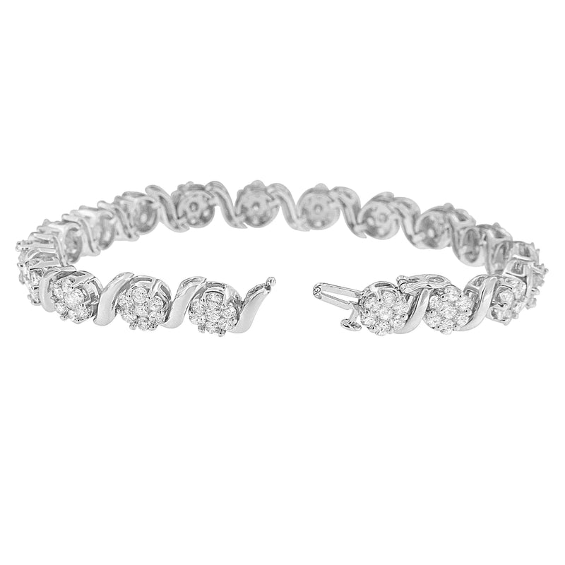 14K White Gold 7 3/8 Cttw Round Brilliant Diamond Floral Cluster and S Link Bracelet (H-I Color, SI2-I1 Clarity) - 7" Inches