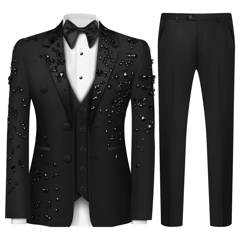 Luxury Mens 2 Piece Suit Slim Fit Solid 2 Button Beads Crystal Party Wedding Tuxedo Suits Blazer Jacket Pants Set Black