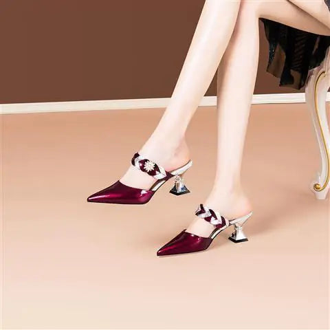 Pointed-Toe Rhinestone High-Heeled Sandals and Slippers