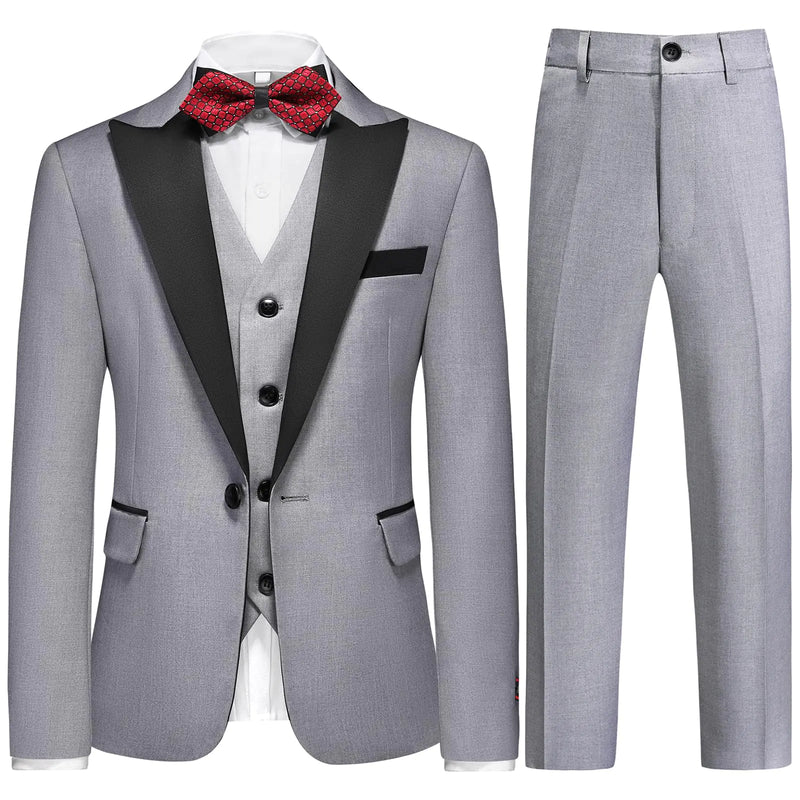 Lamgool Boys Suits 3 Piece Slim Fit Formal Set for Size 10 Kids Prom Wedding Outfit Light Grey Tuxedo Blazer Jacket Vest Pant Peak Lapel