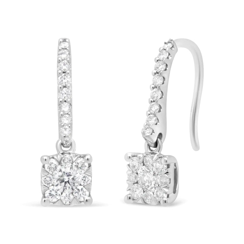 14K White 1/2 Cttw Round Diamond Halo Dangle Hook Earring - (H-I Color, SI2-I1 Clarity)