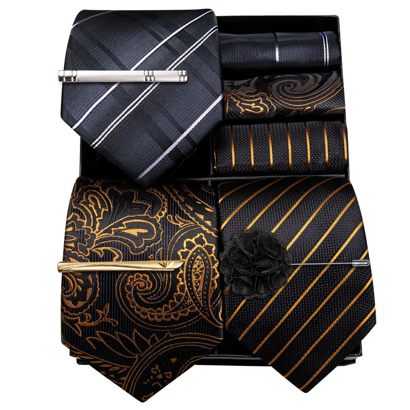 Barry.Wang Mens Gift Box Tie Set 3PCS Silk Stripe Paisley Necktie Pocket Square Cufflinks Lapel Pin Business Wedding