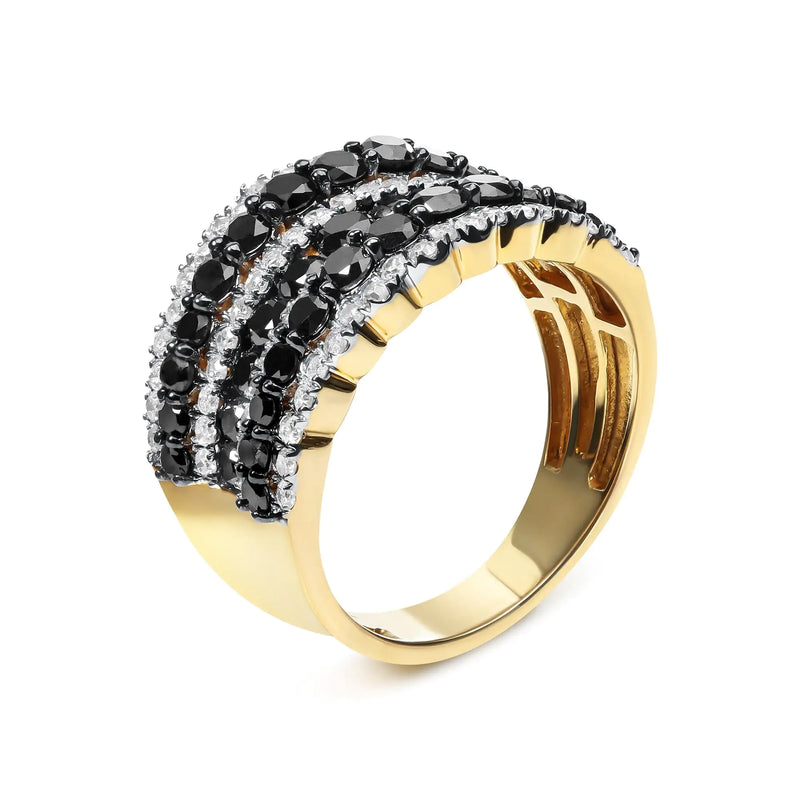 14K Yellow Gold Plated .925 Sterling Silver 1 3/4 Cttw Treated Black and White Alternating Diamond Multi Row Band Ring (Black / I-J Color, I2-I3 Clarity)