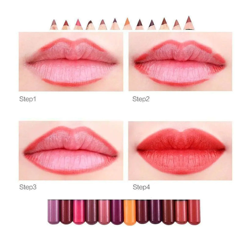 12Pcs Women Waterproof Lipstick Long Lasting Matte Lip Liner Pencil Lip Pen Set