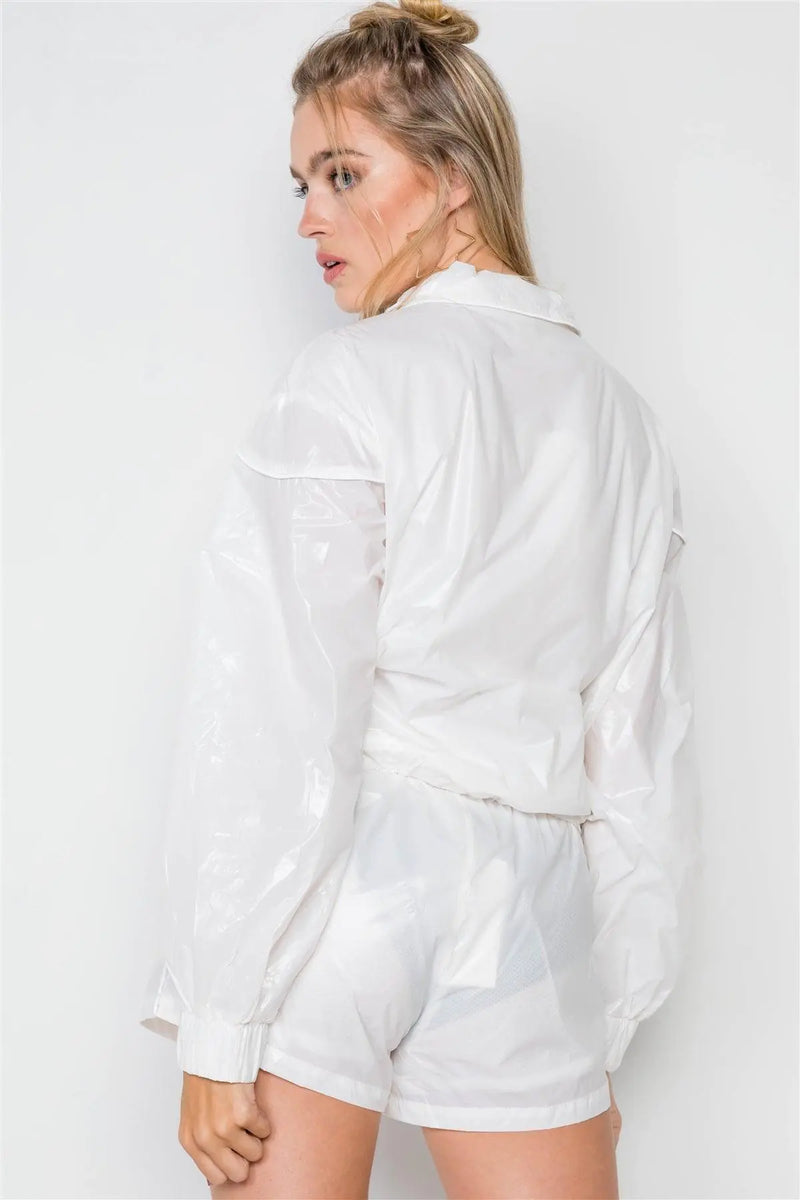 White Windbreaker Zip-Up Jacket Short Set /2-2-2