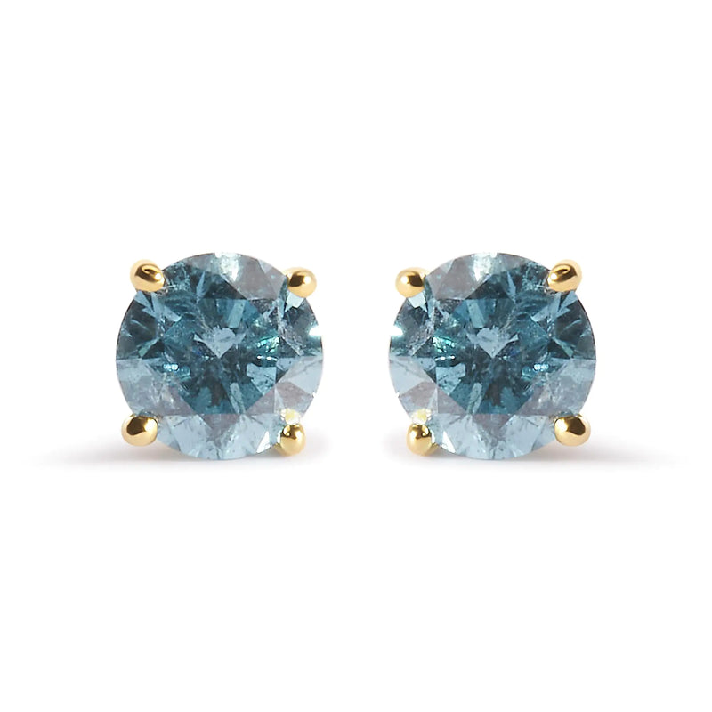 14K Yellow Gold 1.0 Cttw Treated Aqua Blue Diamond Classic Solitaire Stud Earrings (Aqua Blue Color, I2-I3 Clarity)