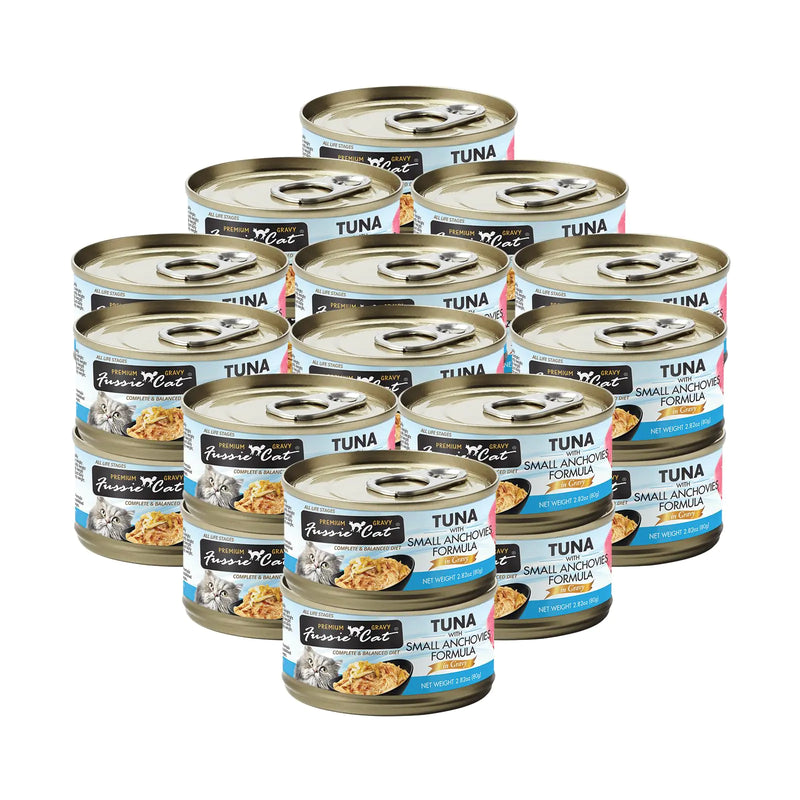Fussie Cat Premium in Gravy Wet Cat Food Bundle Pack with HS Can Lid (Case of 24) (2.82oz Cans) (Tuna & Small Anchovies)