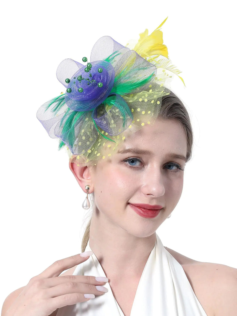 fghuim Womens Organza Church Kentucky Derby British Bridal Tea Party Wedding Hat Feather Hair Clip Fascinators Hat (yellow+purple+green)