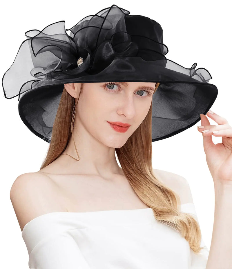 ELLYDOOR Kentucky Derby Hat Women Organza Fascinator Church Hat Bridal Wedding Tea Party Hat Wide Brim Sun Hat Black