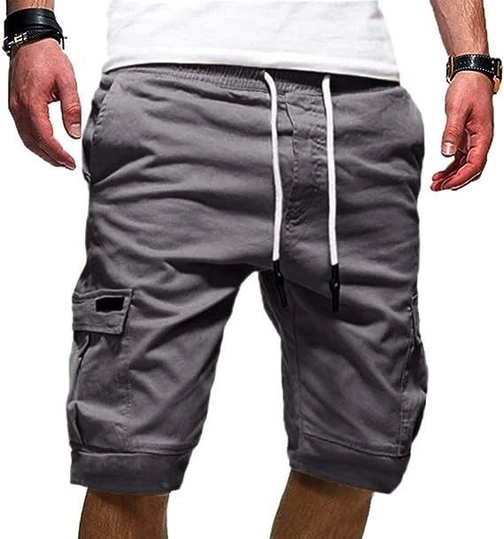 Men Casual Chino Cargo Shorts Elastic Waist Drawstring 6 Pockets Summer Trousers