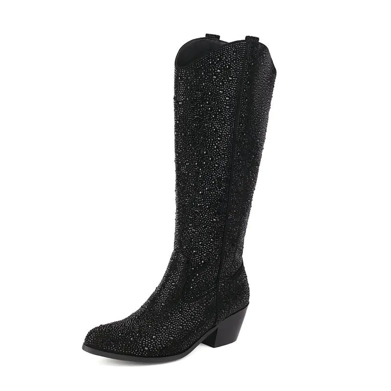 Vintage Rhinestone Chunky Heel Knee-High Boots
