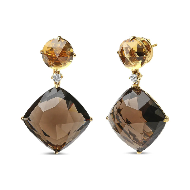 18K Yellow Gold 1/5 Cttw Diamond with Round Yellow Citrine and 25mm Cushion Cut Smoky Quartz Gemstone Dangle Earring (G-H Color, SI1-SI2 Clarity)